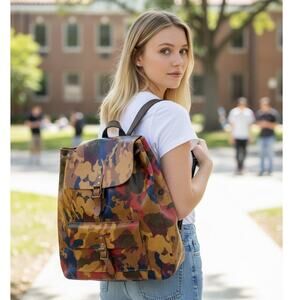 Patricia Nash Leather Backpack 14"W x 16"T Multicolor Camo Pockets Inside & Out